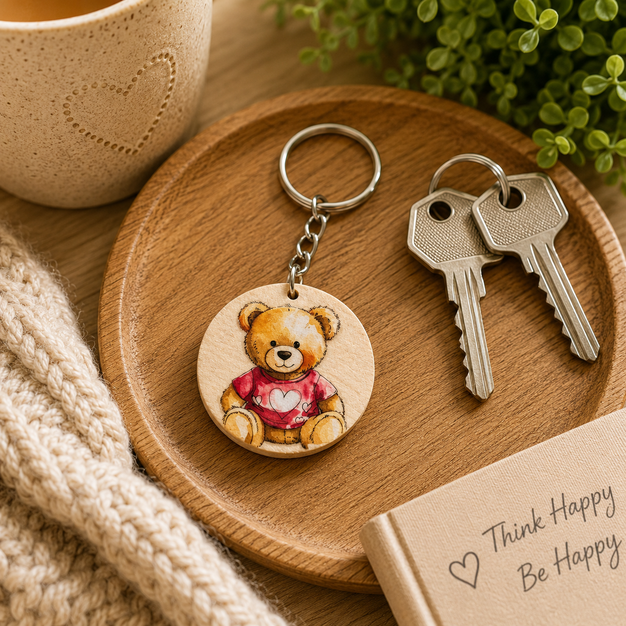 Teddy Bear Heart Wooden Keyring
