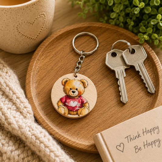 Teddy Bear Heart Wooden Keyring