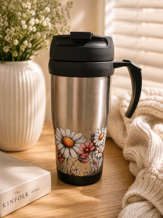Floral Stainless Steel Travel Mug with Handle