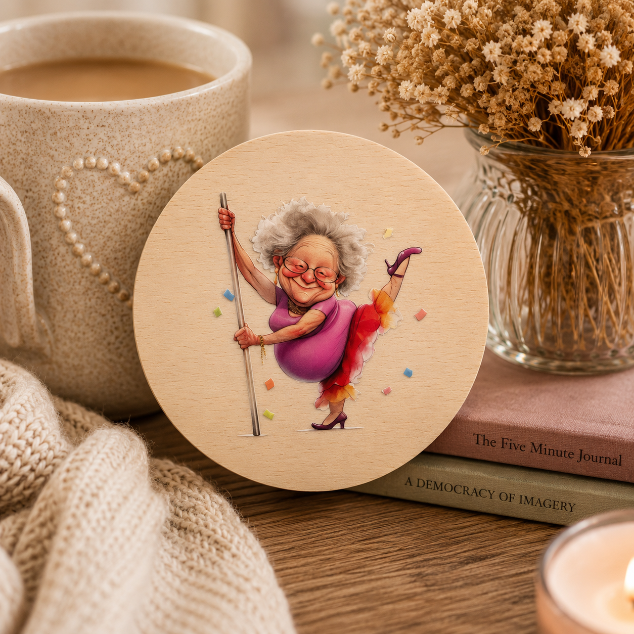 Funny Dancing Granny Wooden Coaster – Cheeky Pole Dance Design