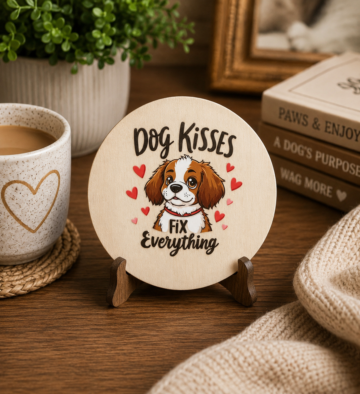 Dog Kisses Fix Everything Wooden Coaster