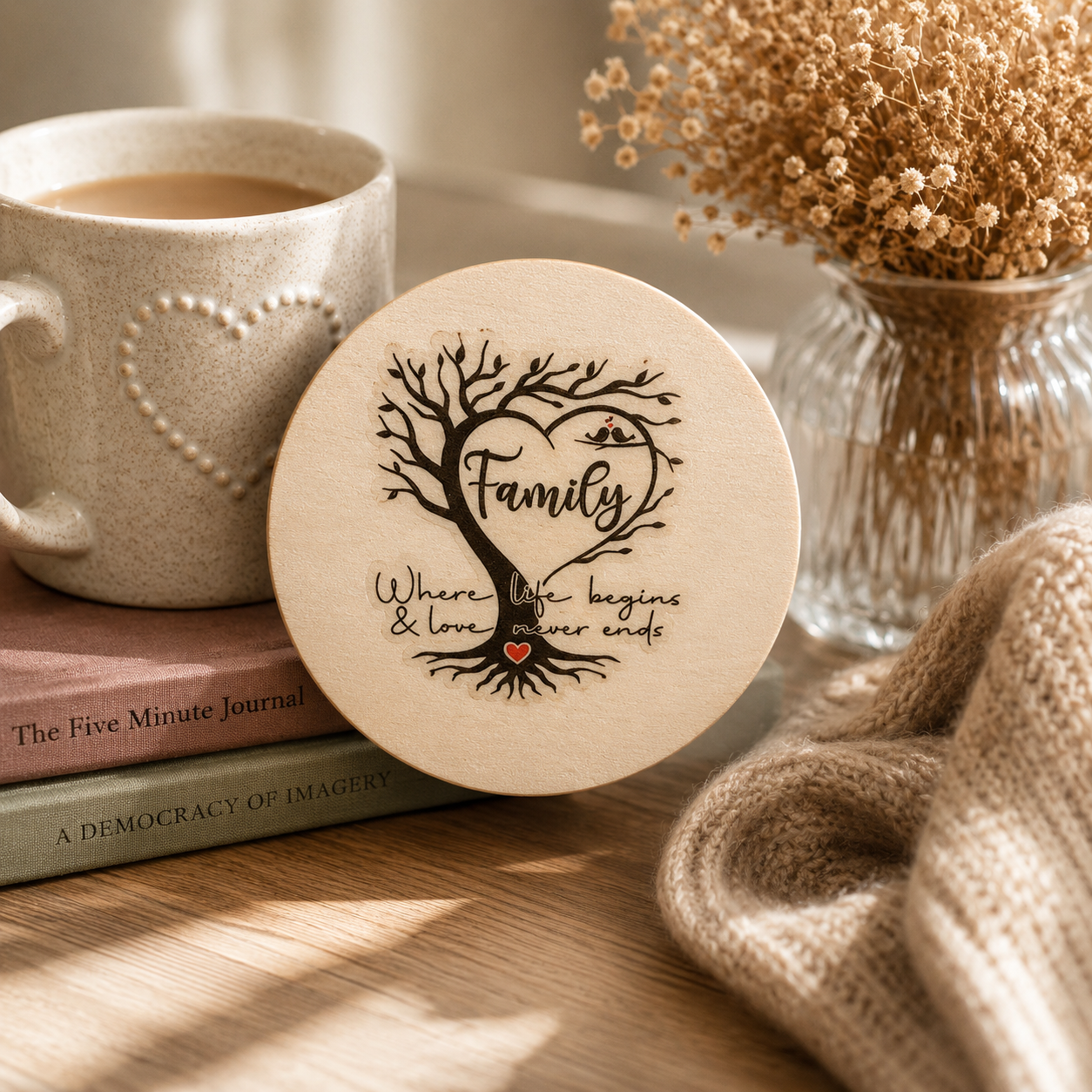 Family Tree Wooden Coaster – “Where Life Begins & Love Never Ends”