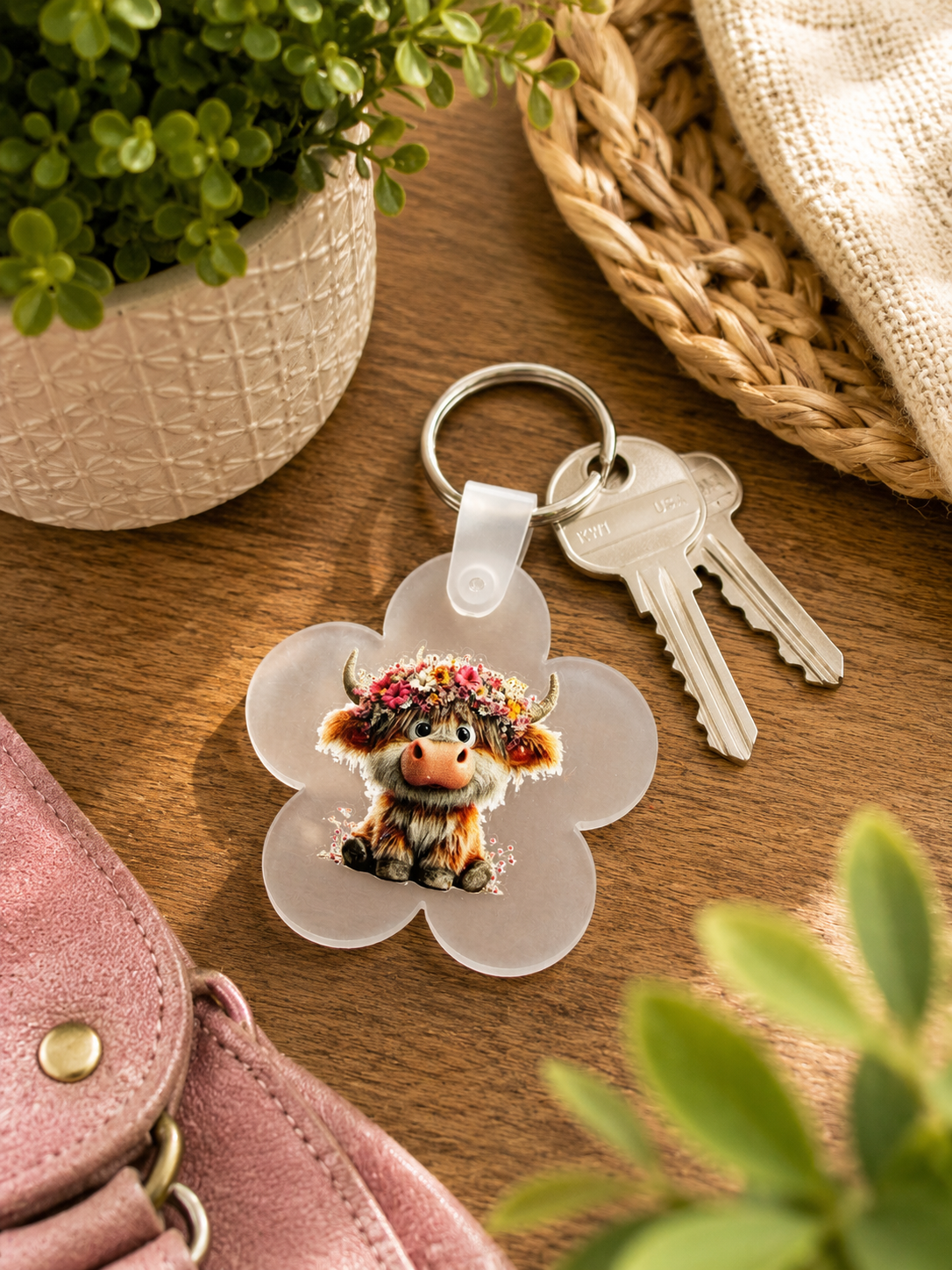 Floral Highland Cow Acrylic Keyring