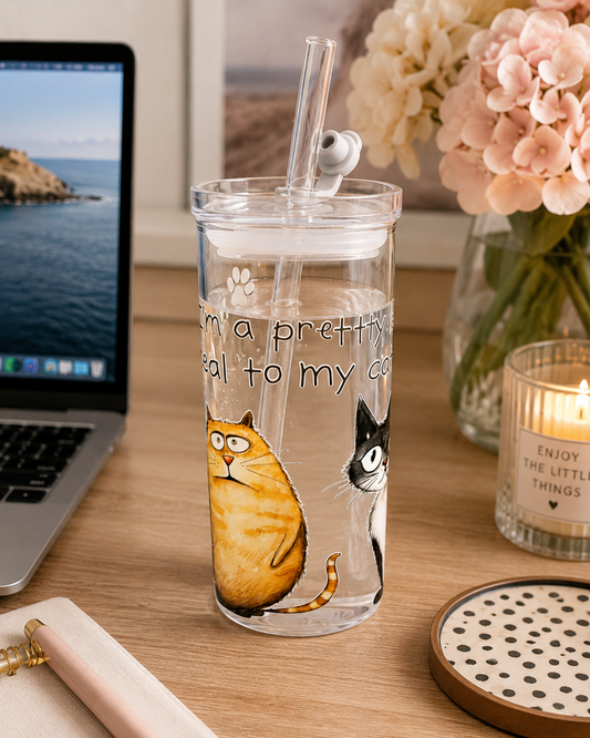 Funny Cat Glass Tumbler Cup with Straw – “I’m a Pretty Big Deal to My Cat”