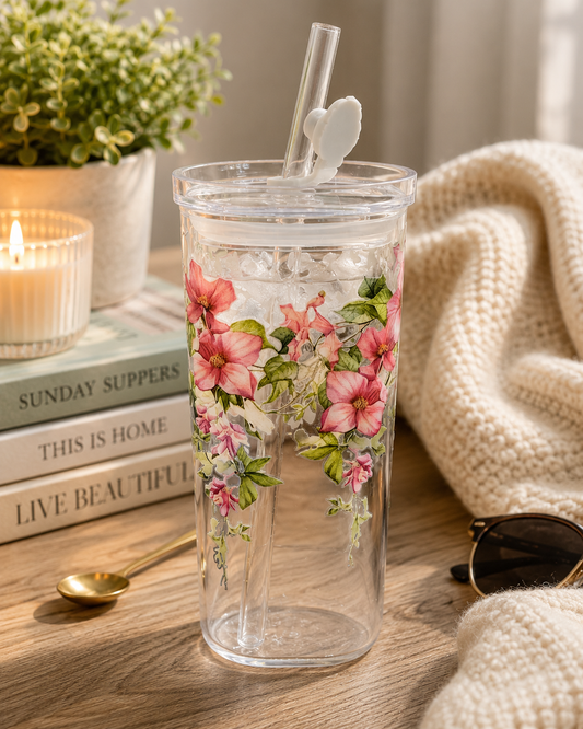 Floral Glass Tumbler Cup with Straw – Pink Flower Design