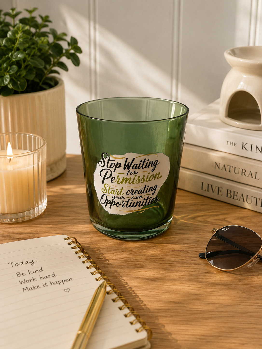 Motivational Green Glass/ Candle Holder / Desk Pot – “Stop Waiting for Permission”