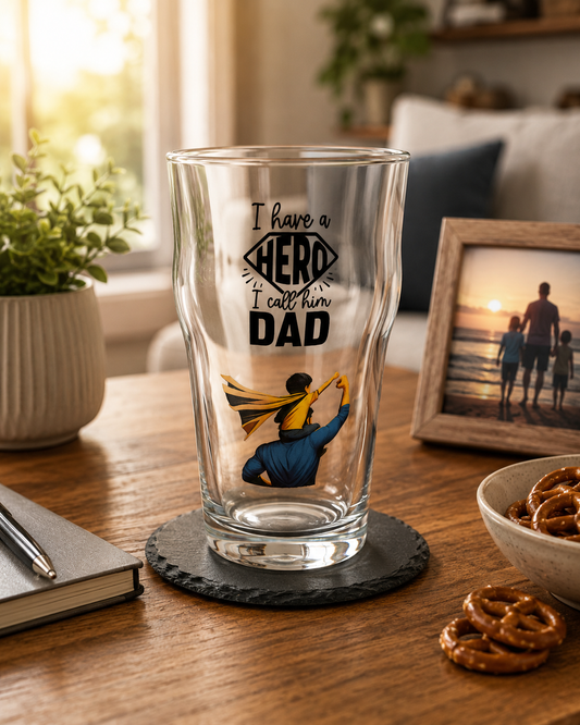 I Have a Hero I Call Him Dad Pint Glass – Superhero Dad Gift
