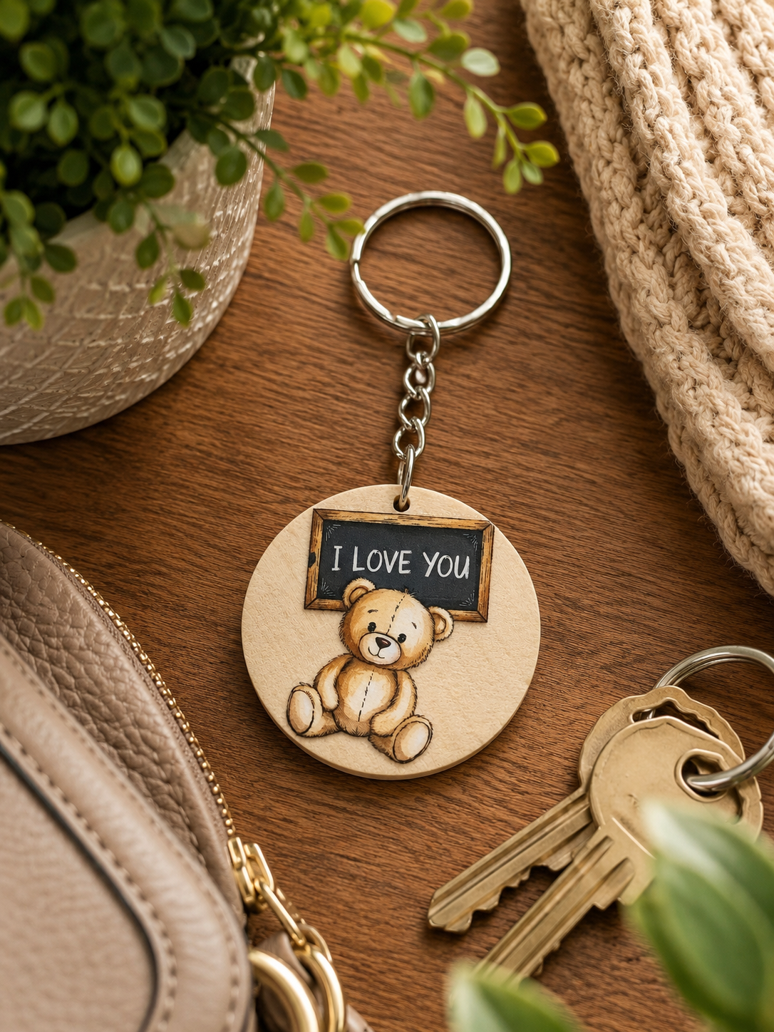 Teddy Bear “I Love You” Wooden Keyring 🧸🤍