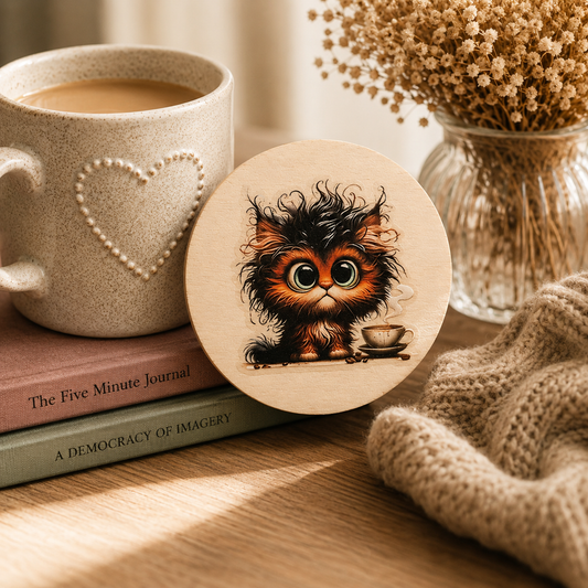 Cute Fluffy Kitten Wooden Coaster – Coffee Cat Design