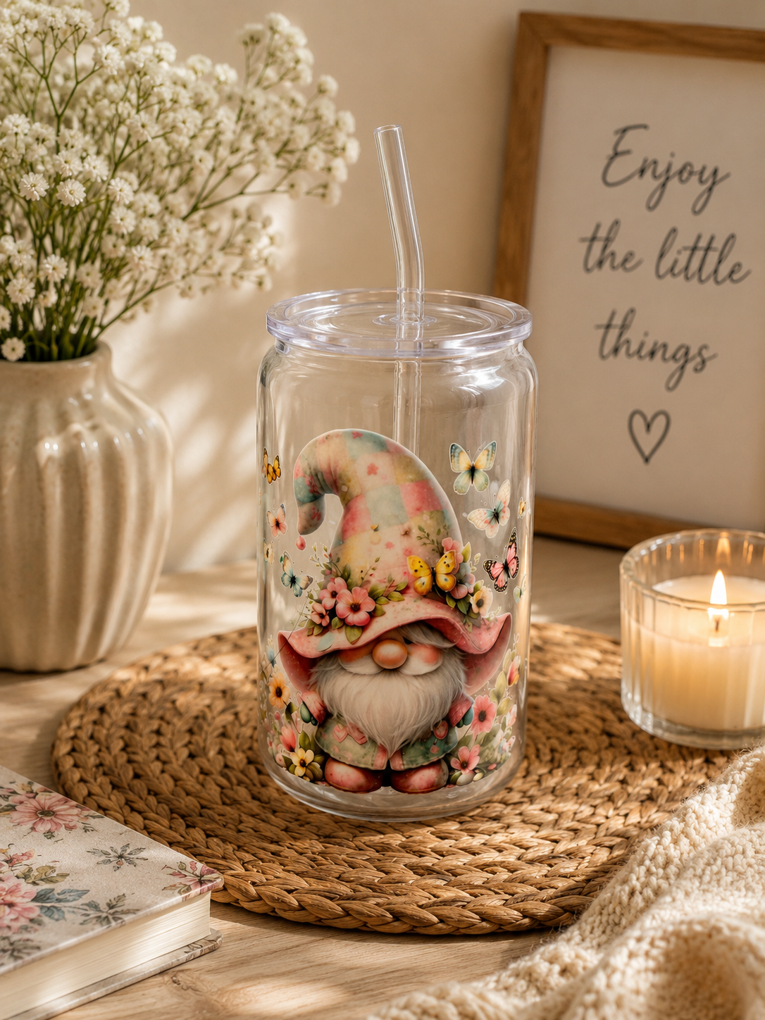 Spring Gnome Plastic Cold Cup with Straw