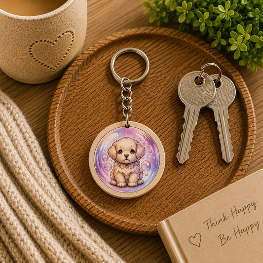 Cute Puppy Wooden Keyring | Dog Lover Bag Charm | Handmade Gift Idea