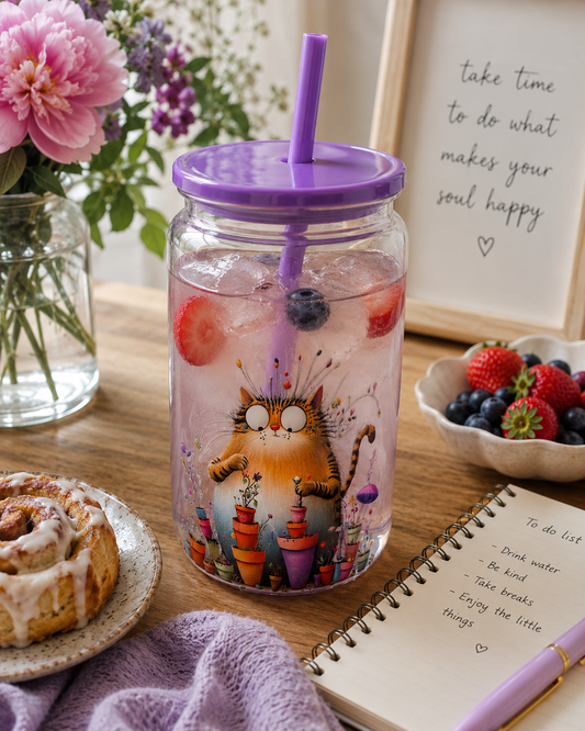 Cute Cat Plastic Tumbler with Straw – Purple