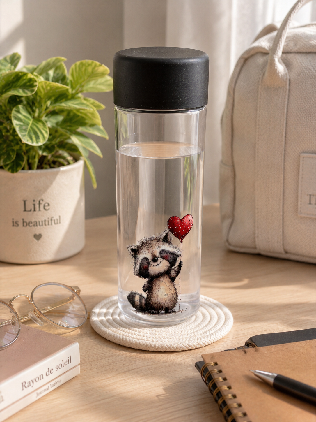 Cute Raccoon Plastic Water Bottle – Heart Balloon Design