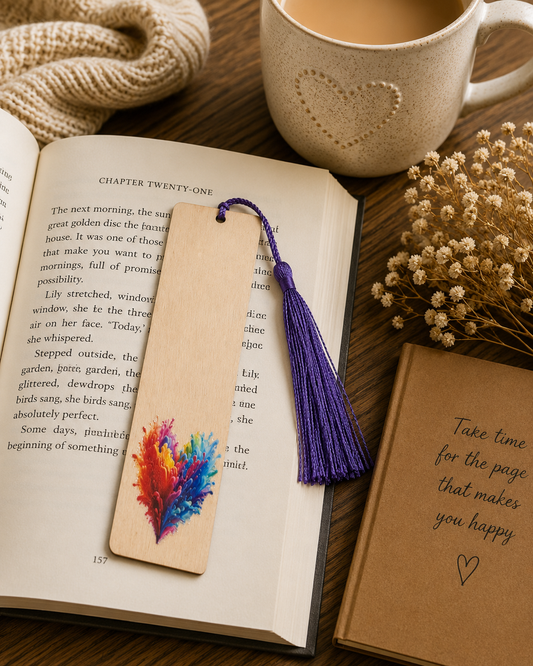 Wooden Heart Bookmark – Colour Splash Design