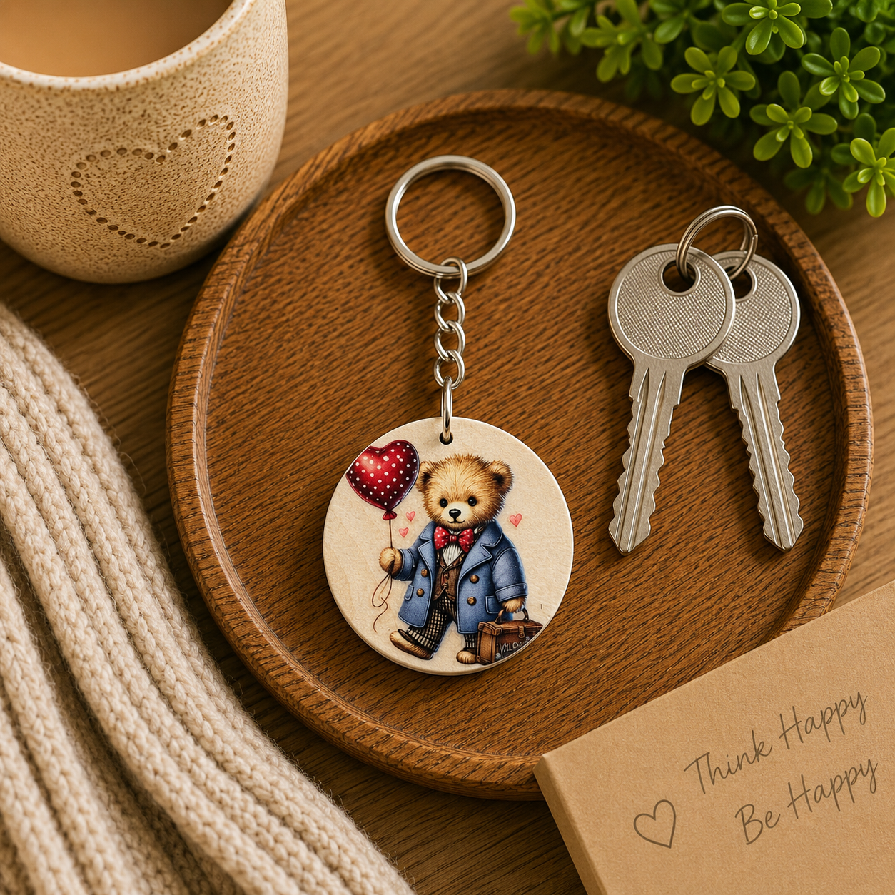 Teddy Bear Balloon Wooden Keyring
