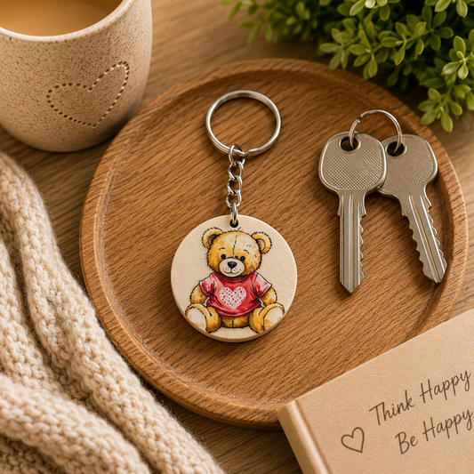 Teddy Bear Wooden Keyring | Cute Bear Bag Charm | Handmade Wooden Gift