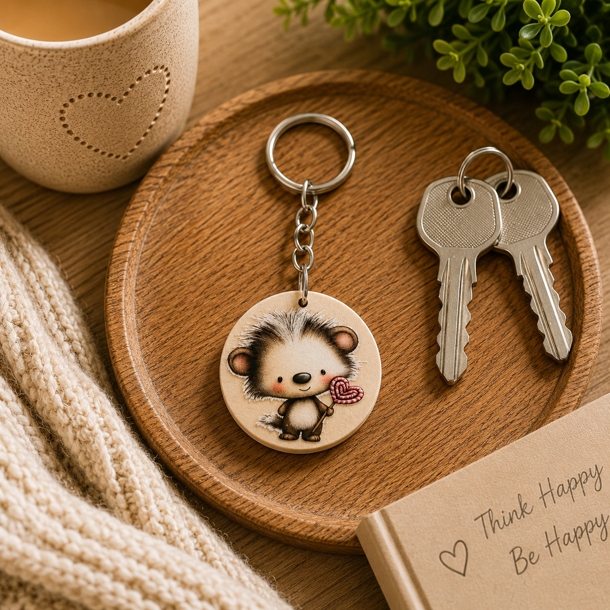 Cute Hedgehog Wooden Keyring | Heart Lollipop Animal Keychain | Cute Bag Charm | Handmade Gift